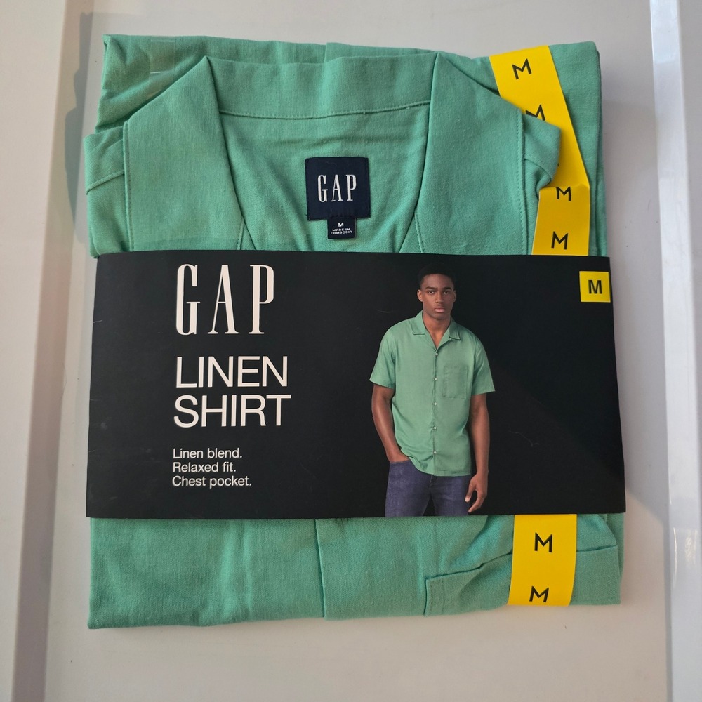 GAP Green‎ Linen Blend Camp Shirt Relaxed Fit Button Up Men's Medium NWT